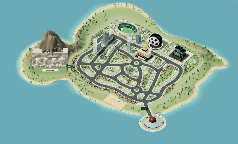 The current Avenue island, with its Arena, Mount GOATmore, streets and Mailhouse peninsula.
